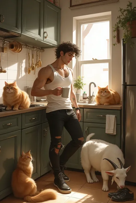 A young man with well-defined curly dark hair and a tan complexion with Arab facial features is standing in a cozy kitchen, casually drinking coffee from a plain white mug. He is wearing a relaxed white tank top and ripped black jeans, maintaining his rugg...