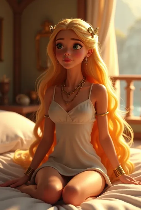 Highly detailed, 1200BC, disney pixar princess, Woman 30, alert and intelligent, fiercely noble, her sleek straight hair is deep and luscious, every shade of warm golden blonde hair with rich brown shadows, her hairstyle is ancient and imaginative, the hai...