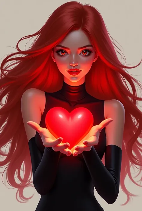 Love animated red-haired woman with a red heart in her hand dressed in black