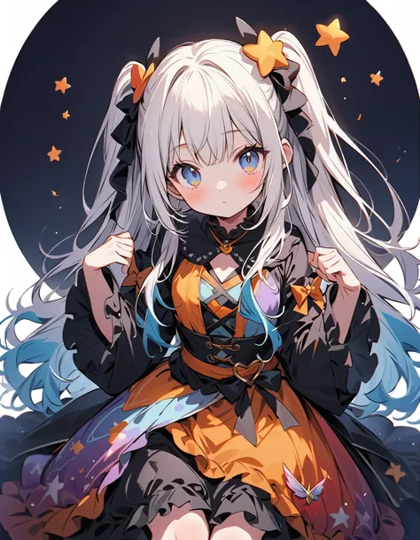   Superb Details 、   in the seat，，Blink，    Best quality   ， Milky White and Blue Gradation Hair Color、Wear a colorful and cute gothic kimono costume   ,  Star Fairy ,Wear a colorful and cute gothic kimono costume    with little fairy feathers growing from...