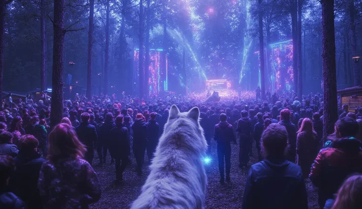 A hyperrealistic rave deep in the Norwegian forest at night, where neon lights pulse through the misty air, casting vibrant colors onto the towering pine trees. Among the dancers lost in the rhythm, a majestic white wolf stands still, its piercing eyes glo...