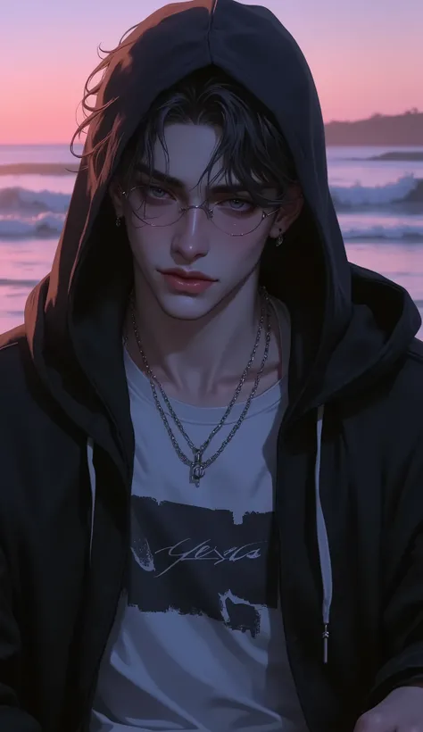 young man wearing t-shirt and hoodie jacket, Sitting pensively, is crying, shades of twilight light , romantic shades , pulled over on the beach, anatomically correct proportions, (delicate detailed face, best quality, high resolution, detailed eyes)