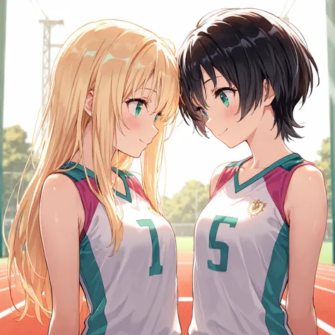 masterpiece, best quality, intricate details, highly detailed, beautiful, cinematic lighting, sharp focus, vibrant colors, 2 girls, track and field uniform,
BREAK long hair, blonde hair, smile,
BREAK short hair, black hair, blush,