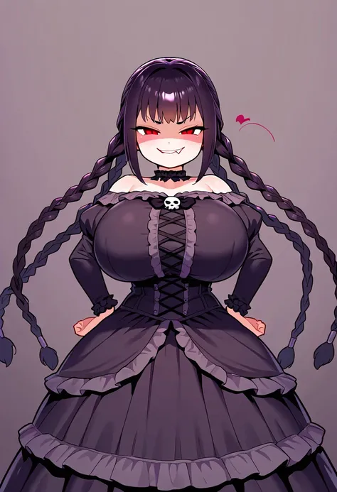 Cute girl, Petite body, loli, huge breasts, evil smile, smug face, fang, wide hips, cute dress, evil laugh, princess girl, brat, goth dress, cute, 1girl, Solo, High Resolution, Multiple Braids, 