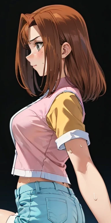  1 female, high definition, High resolution ,  ultra-realistic  ,8K,serenidaddm ,  gray eyes, long hair,  brown hair,   pink shirt ,  blue shorts ,European,sexy, Close-up of the upper body, Pictured from the front , Dynamic Angles ,blush,  small tits , pre...