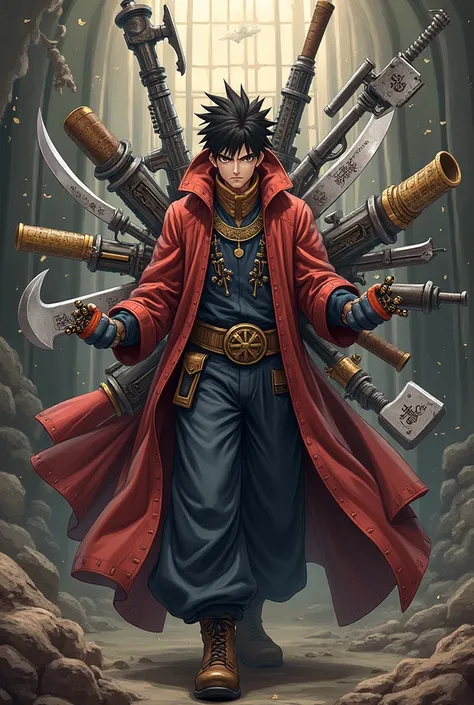 My character has 8 weapons
1 twin daggers 
2 a sickle
3 a long-range rifle 
4 a shield 
5 a whip 
Are you a sword
You're a boomerang 
8 a giant hammer similar to those in circuses

This character is a hero in Boku no Hero I would like you to make only his ...