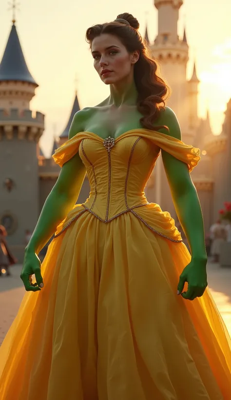 Ultra-realistic full-body depiction of a Belle-Hulk hybrid princess under the same golden evening light at the Disney Castle. She wears a torn yet elegant yellow gown, revealing powerful green arms. Her features combine Belle’s gentle face with Hulk-like m...