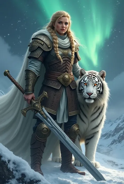 Create an epic illustration of a towering Norse warrior and her loyal companion, a white tigress. The warrior is a tall, powerful woman with long braided blonde hair, wearing intricately detailed armor adorned with ancient runes etched into metal and leath...