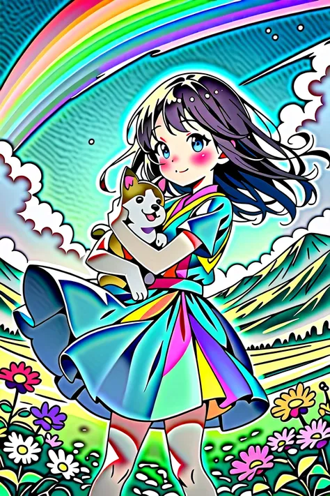 (Anime: 1.2) Cute surreal girl with closed mouth looking happily into the camera, cute woman playing with dog, vast fields with vibrant flowers in the background, blue sky with light particles and rainbow snowflakes floating in the air. Anime smiling woman...