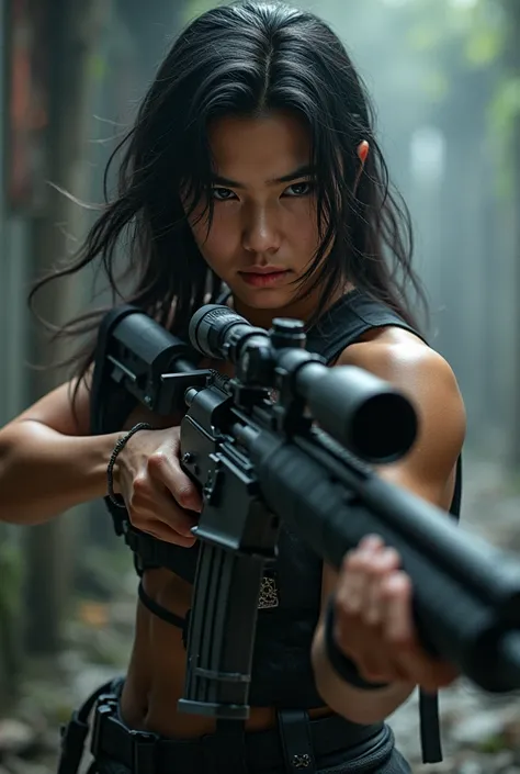 Make a handsome modern Asian fighter with a long sniper rifle, bare face and long hair, very young