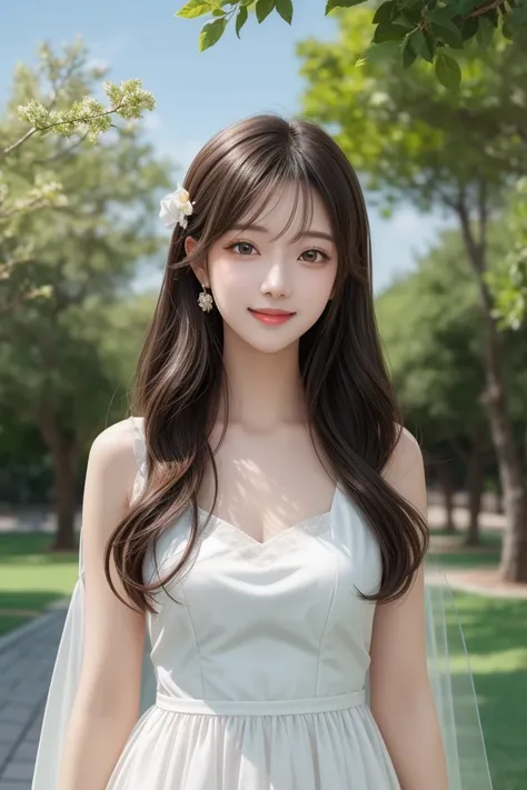 perfect artwork、 super detailed、 top quality、wallpaper aesthetics、 masterpiece、 Official Art、 young, graceful and beautiful woman、Perfect face 、Brown-black long hair 、 perfect style、 wearing a white see-through dress 、 The whole picture is full of tenderne...