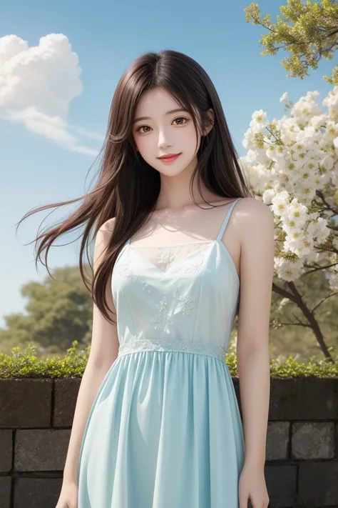 perfect artwork、 super detailed、 top quality、wallpaper aesthetics、 masterpiece、 Official Art、 young, graceful and beautiful woman、Perfect face 、Brown-black long hair 、 perfect style、 wearing a white see-through dress 、 The whole picture is full of tenderne...