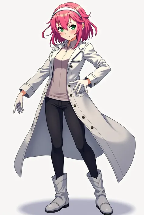 The image is in an Anime-like art style. The woman's appearance is a combination of Anya Forger and Yor Forger, pink hair, green eyes, intricate details of Yor Forger's face, mature female, mature face, she's 27 years old. She's wearing a white trench coat...