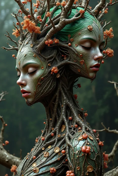 The Mother Tree of Desire resembled a humanoid giant tree covered in chaotic scales. Its surface was adorned with enticing crystalline fruits, glistening alluring flowers, various metallic emblems, black hearts, bare tumors, and coins from different civili...