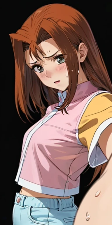  1 female, high definition, High resolution ,  ultra-realistic  ,8K,serenidaddm ,  gray eyes, long hair,  brown hair,   pink shirt ,  blue shorts ,European,sexy, Close-up of the upper body, Pictured from the front , Dynamic Angles ,blush,  small tits , pre...