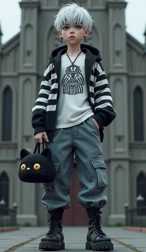 3D anime style, BJD style,  boy with cold expression, white hair, gray eyes,full body， black pendant earrings, silver cross necklace, white short T-shirt with Egyptian totem, exposing the waist, wide black and white straight striped hoodie, open long hoodi...