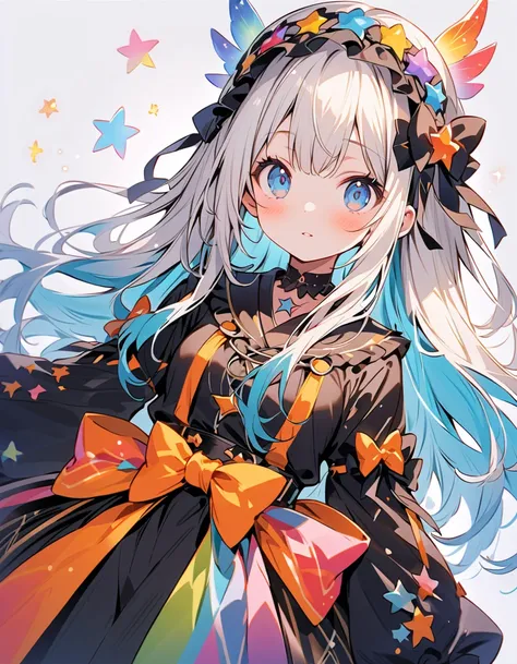   Superb Details 、   in the seat，，Blink，    Best quality   ， milky white and blue gradation hair color、Wear a colorful and cute gothic kimono costume   ,  Star Fairy ,Wear a colorful and cute gothic kimono costume    with little fairy feathers growing from...