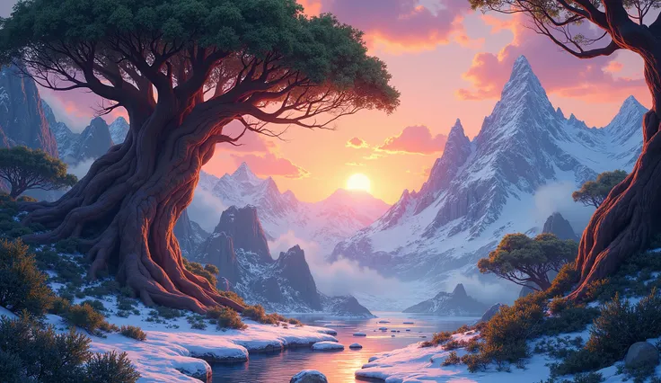 A colorful landscape with giant trees, rocky mountains and lots of snow and a sunset