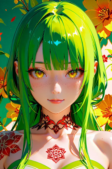 A mesmerizing surreal illustration of a young japanese woman. She has pastel green hair with blunt bangs, yellow eyes, and wears a vibrant pastel colored outfit adorned with intricate floral patterns. Freckles dot her smooth, warm complexion, and bold, col...