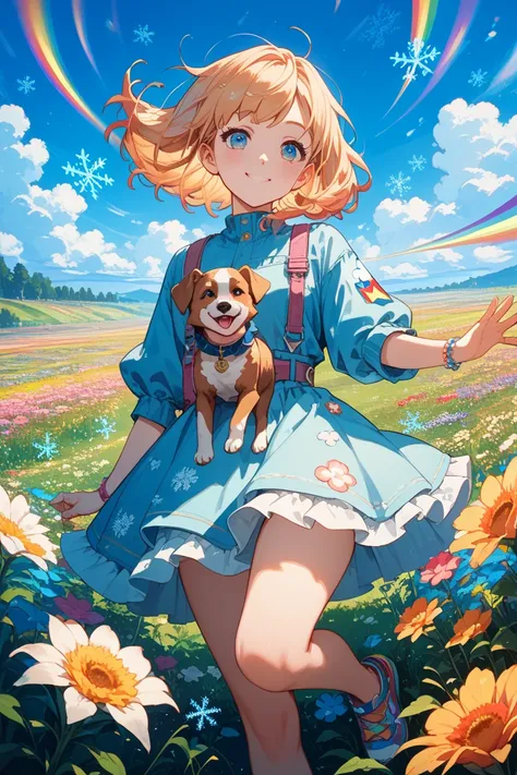 (Anime: 1.2) Cute and surreal girl with closed mouth looking happily into the camera, cute woman playing with dog, vast fields with vibrant flowers in the background, blue sky with light particles and rainbow snowflakes floating in the air. Smiling woman, ...