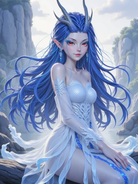  This photo depicts a female character full of mystery and fantasy 。She has long, dark blue hair， flutters in the wind ， makes her look light and agile 。 The color of her hair is like the coldness of winter ， flashes a cold and clear light 。 She has a pair...