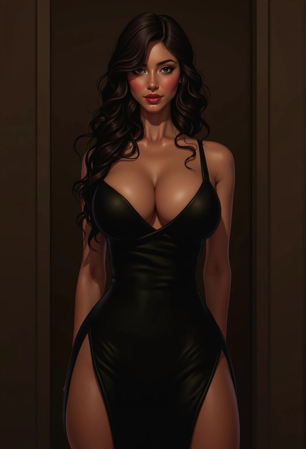 Rina stands before you, the short black dress clinging to her curvaceous figure in the most alluring way. The hem of the dress barely grazes the top of her thighs, revealing the smooth, toned expanse of her legs. Her hourglass shape is accentuated by the f...