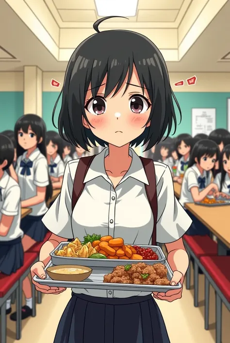 Nervous beauriful Anime girl with short hair carrying a tray with food at the school cafeteriamake it look like a comic