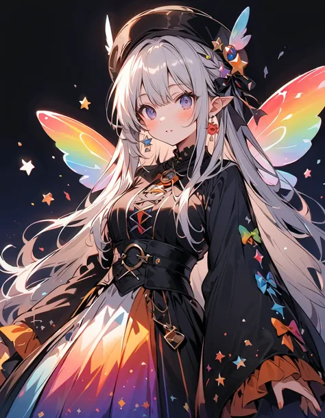   Superb Details 、   in the seat，，Blink，    Best quality   ， Milky White and Blue Gradation Hair Color、Wear a colorful and cute gothic kimono costume   ,  Star Fairy ,Wear a colorful and cute gothic kimono costume    with little fairy feathers growing from...