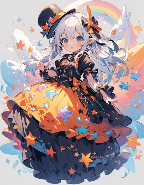   Superb Details 、   in the seat，，Blink，    Best quality   ， Milky White and Blue Gradation Hair Color、Wear a colorful and cute gothic kimono costume   ,  Star Fairy ,Wear a colorful and cute gothic kimono costume    with little fairy feathers growing from...