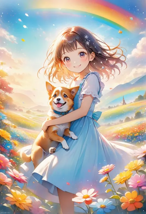 (Anime: 1.2) Cute and surreal girl with closed mouth looking happily into the camera, cute woman playing with dog, vast fields with vibrant flowers in the background, blue sky with light particles and rainbow snowflakes floating in the air. Smiling woman, ...