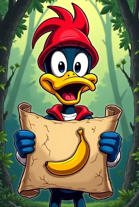 A Map and a Mystery: "Woody Woodpecker holding an old, rolled-up treasure map with a large banana symbol on it. His eyes are wide with excitement.  The background is a lush green forest. Style: Comic book."