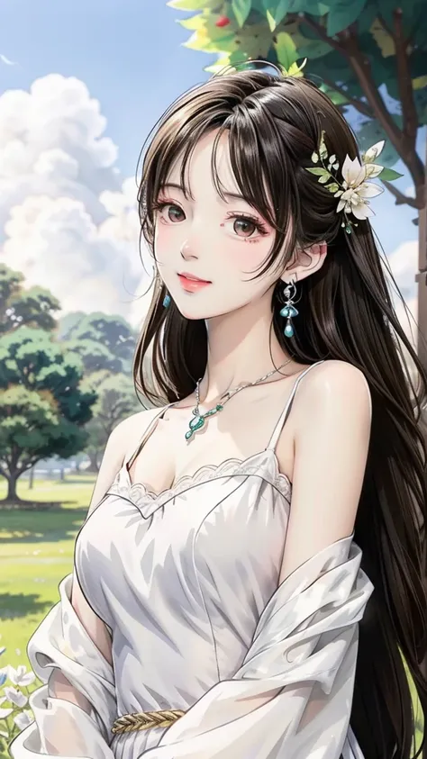 perfect artwork、 super detailed、 top quality、wallpaper aesthetics、 masterpiece、 Official Art、 young, graceful and beautiful woman、Perfect face 、Brown-black long hair 、 perfect style、 wearing a white see-through dress 、 earrings、 necklace、 The whole picture...