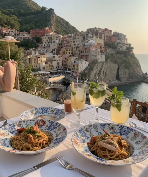 /imagine prompt: a scenic outdoor dining setting on a terrace overlooking a hillside village with colorful buildings stacked along the slope. The table is beautifully arranged with ornate Italian ceramic plates filled with pasta dishes garnished with seafo...