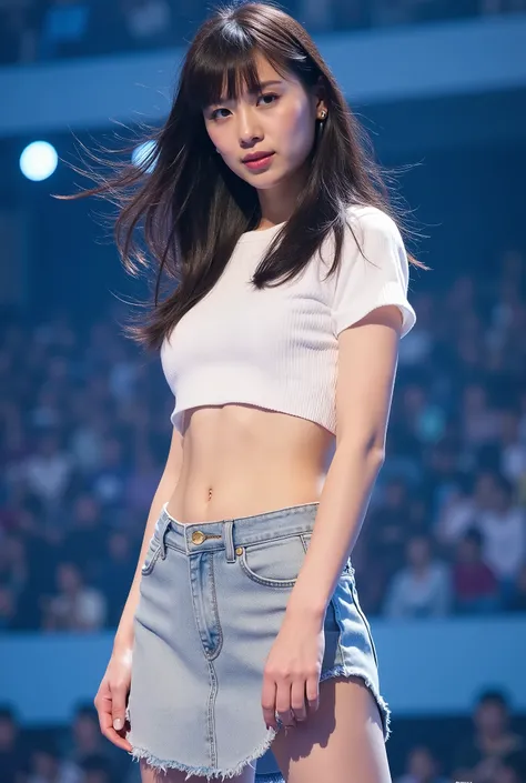 Create a stunning portrait of a beautiful K-pop idol. She is wearing a live performance outfit, showcasing her slender figure. Her medium-length hair flows elegantly as she stands confidently on the live stage.