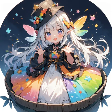   Superb Details 、   in the seat，，Blink，    Best quality   ， milky white and blue gradation hair color、Wear a colorful and cute gothic kimono costume   ,  Star Fairy ,Wear a colorful and cute gothic kimono costume    with little fairy feathers growing from...