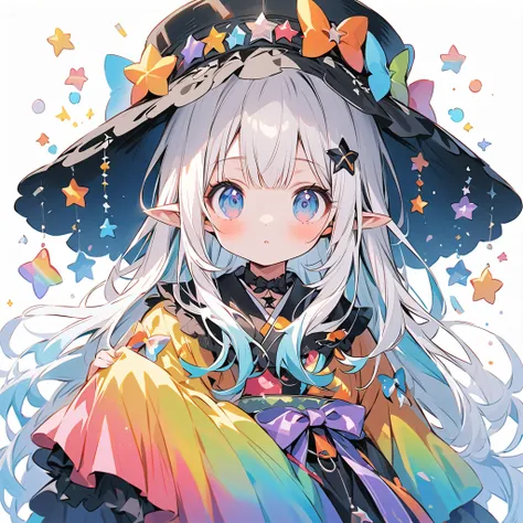   Superb Details 、   in the seat，，Blink，    Best quality   ， milky white and blue gradation hair color、Wear a colorful and cute gothic kimono costume   ,  Star Fairy ,Wear a colorful and cute gothic kimono costume    with little fairy feathers growing from...