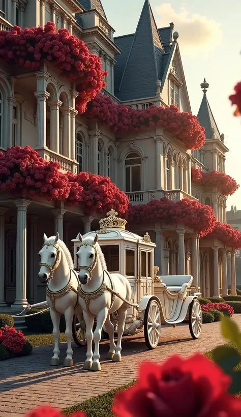 A white horse-drawn carriage waiting outside a grand vintage mansion, draped in red roses, as if ready for a romantic fairytale night.