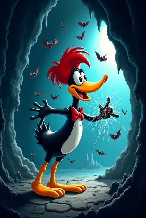 Cave of Clues (and Chaos): "Woody Woodpecker entering a dark, spooky cave. Bats are flying around his head.  He is tangled in a spiderweb. Style:  Cartoon, slightly spooky."