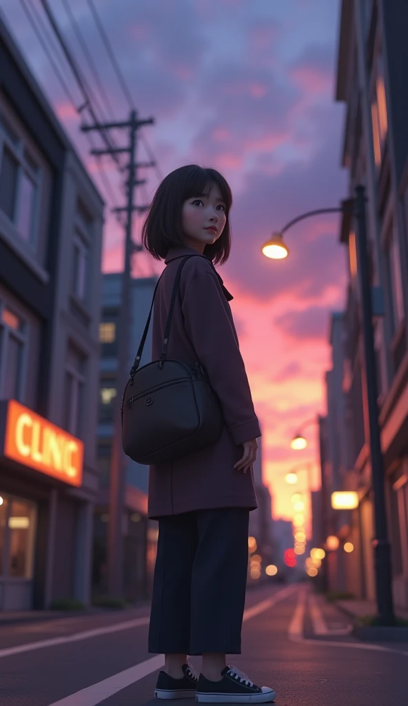 break:  a Japanese woman in her 40s 、 bob cut from behind、 dark brown hair。3D animation style, Pixar-like, DreamWorks-style。  
Outdoors、 you stop at a street corner lined with buildings 、 and look ahead with an expression full of determination 。 Simple 、 c...