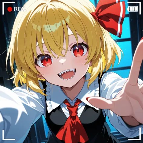 masterpiece, best quality, amazing quality, anime screencap. BREAK. touhou, rumia, 1girl, blonde_hair, short_hair, red_eyes, sharp_teeth, smile, open_mouth, looking_at_viewer, collared_shirt, white_shirt, black_vest, vest, red_ascot, ascot, long_sleeves, b...