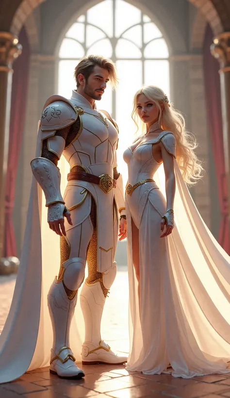 make a handsome isekai warrior and beautiful isekai warrior woman in white outfit standing in the castle in roblox style