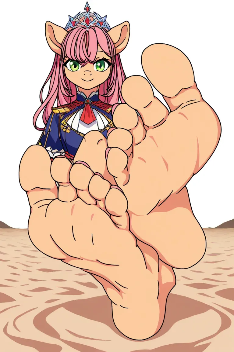 score_9, score_8_up,   KJOmomo, pony,Venus spring , solo, alone,  dantegemini_style, foot focus, barefoot, pink toenails, feet, toes, white background, masterpiece, highres, having her soles itched by hands, feet sticking out of sand,