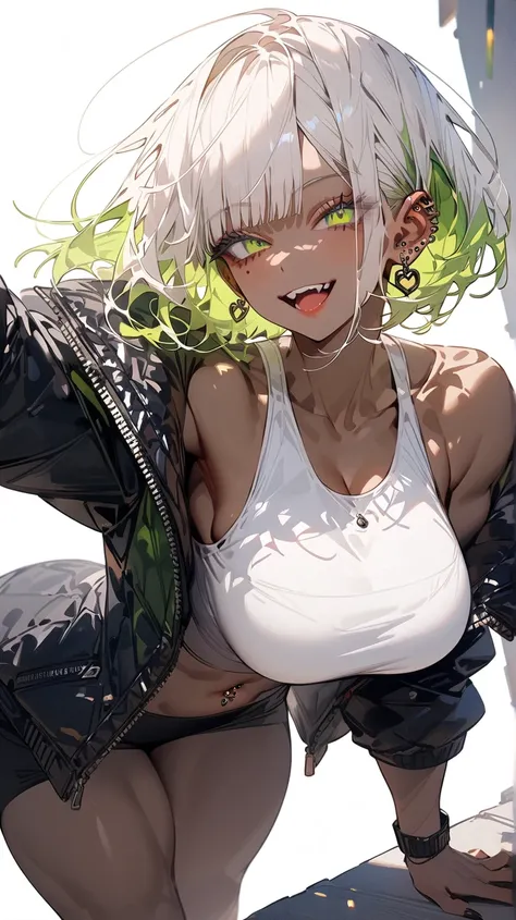 ( Masterpiece), ( portrait ), solo, big size (aesthetics), ((a 
woman)) ,((40 years old)),  piercings all over the face), (( short hair,   mole )),  straight hair, Green colored inner hair, opened small eyes,  green eyes,  cute, woman, woman,  Malicious Sm...