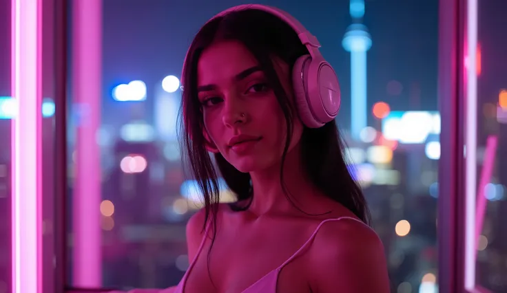 whole body、 beautiful collarbone 、ヘッドフォンをしているBeauty、The best photos for TikTok、Beauty、 dynamic angle、ヘッドフォンをしているBeauty、Night city background with neon lights