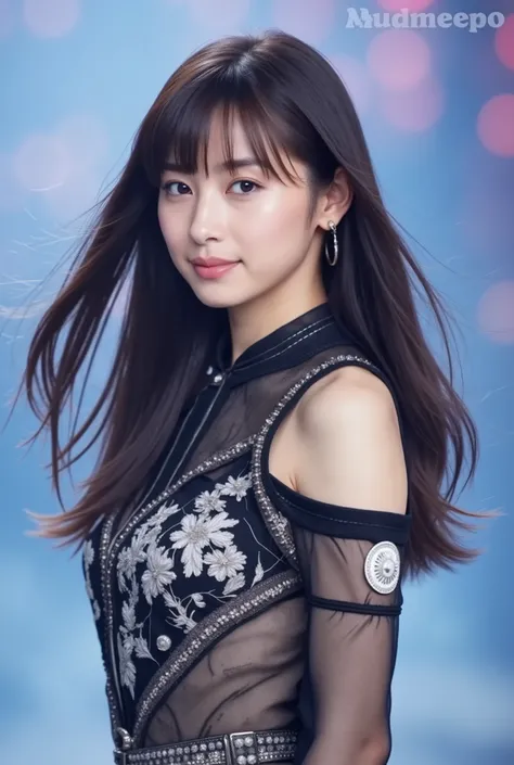 Create a stunning portrait of a beautiful K-pop idol. She is wearing a live performance outfit, showcasing her slender figure. Her medium-length hair flows elegantly as she stands confidently on the live stage.