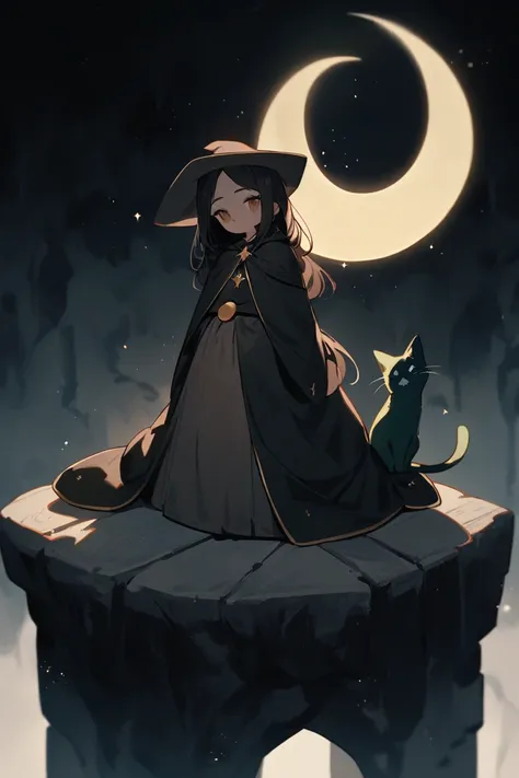 A mysterious young witch with long dark hair and a slightly worn pointed hat, accompanied by a greenish cat, perched on a weathered stone ledge under a golden crescent moon, subtle pixelation and grainy textures, melancholic yet magical atmosphere. Detaile...