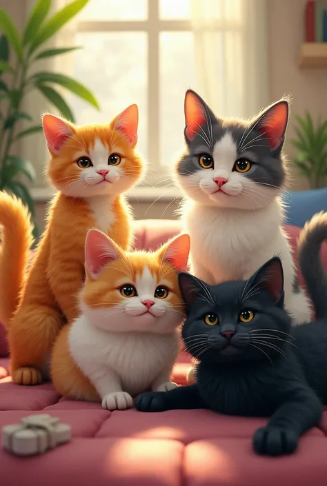 A yellow and white cat, An orange cat, a furry white cat with gray ears and a gray tail and a furry black cat