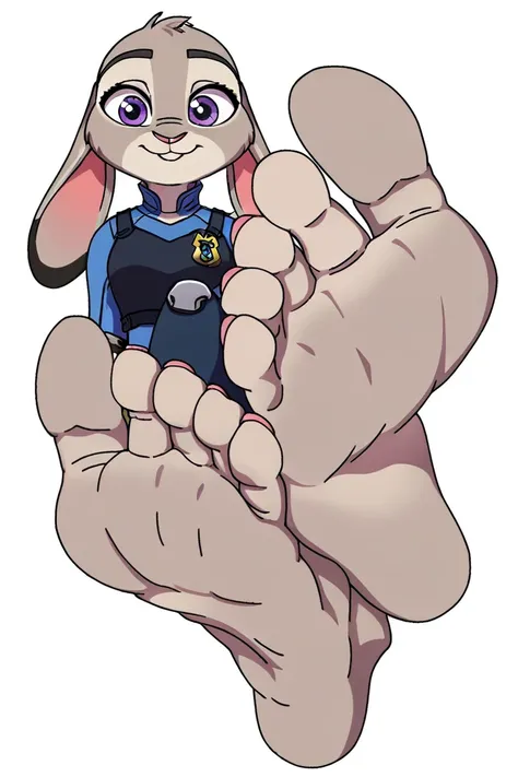 score_9, score_8_up,   KJOmomo, bunny, Judy Hopps, solo, alone,  dantegemini_style, foot focus, barefoot, pink toenails, feet, toes, white background, masterpiece, highres, having her soles itched by hands, feet sticking out of sand