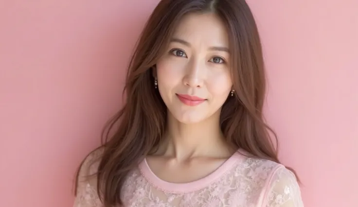  and an elegant Japanese woman , 48 years old,  light brown long hair with gentle waves wrapping around the face ,  fine smile lines that add warmth to a gentle look .  wearing a soft pink flower embroidered dress with a round neck and lace sleeves .  a ge...