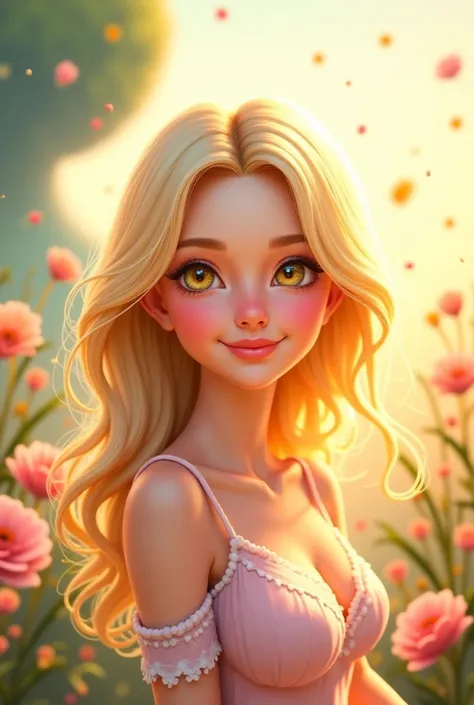 Charismatic woman with the soul of a girl with white skin honey-colored eyes blonde hair cartoon image 